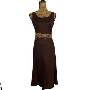 Jessica Howard Petite 6P Dress Chocolate Brown Woven Belt Scoop Back Midi